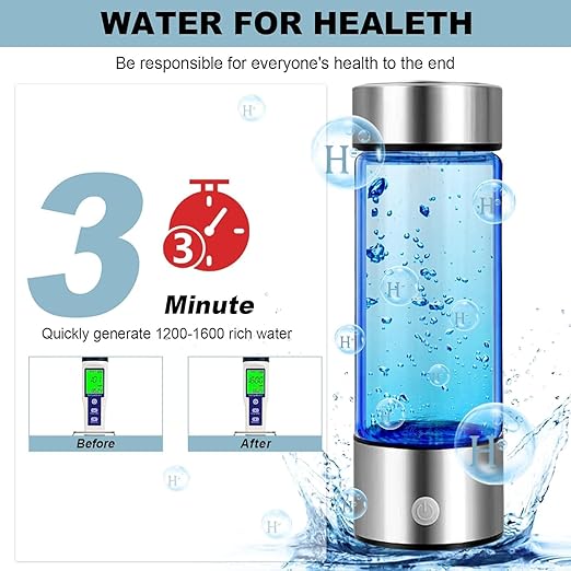 Hydrogen Water Bottle, 1200Pbb Portable Hydrogen Water Ionizer Machine, Hydrogen Water Generator, Hydrogen Rich Water Glass Health Cup Water Ionizer Machine for Office, Travel, Daily Drinking Silver