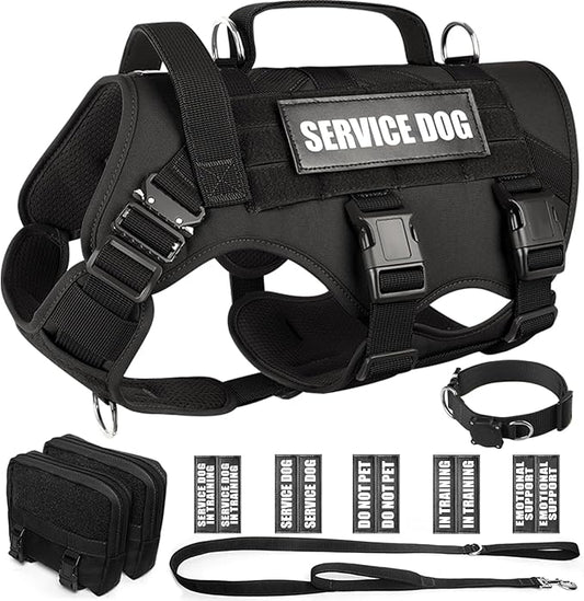 WINSEE Tactical Dog Harness with Dog Leash, Dog Collar, Service Working MOLLE Vest with 10 Pet Patches for Large Dog, No Pull Military Harness and Backpack with Airtag Holdler