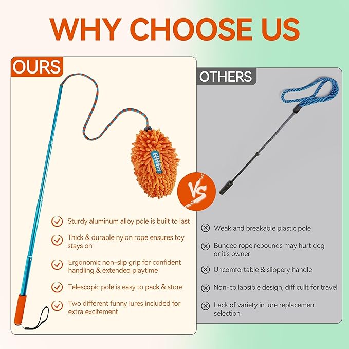 ALL FOR PAWS Dog Flirt Pole, Interactive Flirt Pole for Small Medium Dogs, Flirt Pole with 2 Chew Chase Lures Toys, Dog Toy for Tug of War Exercise & Training Tools