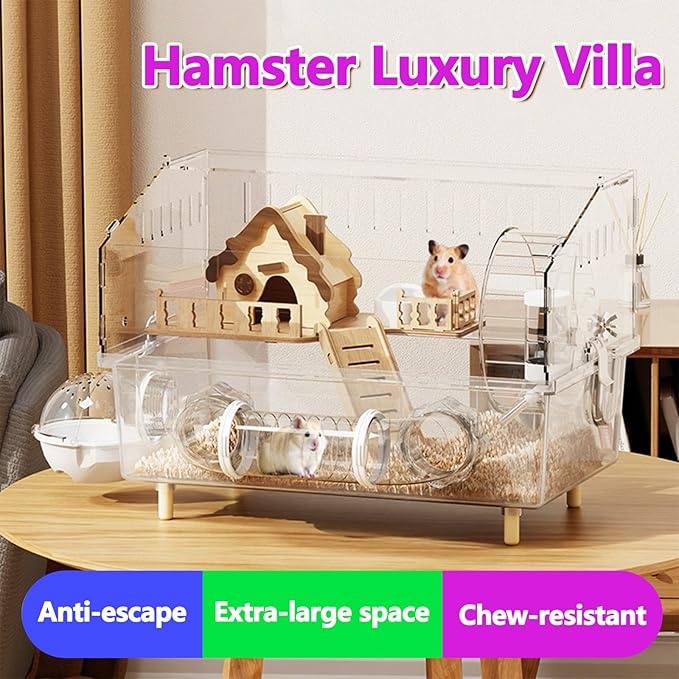 Large Hamster Cage 17x11x13 Inch Acrylic Habitat - Multi-Level Enclosure for Dwarf/Syrian Hamsters, Mice & Gerbils (Ventilated Design & Removable Base) (bungalows, 17x11x13)