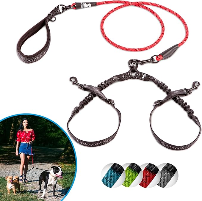 SparklyPets Dual Dog Leash for 2 Small Dogs – Tangle Free Rope Bungee Double Leash for Two Breeds with Adjustable Couplers & Soft Handle (Red, Small)