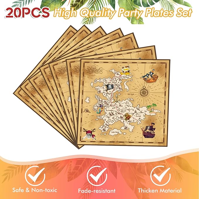 41 Pieces Pirate Party Tableware Set Pirate Birthday Party Decorations Includes Treasure Map Plates Nautical Napkins and Plastic Island Treasure Tablecloth for Treasure Theme Birthday Party Decoration