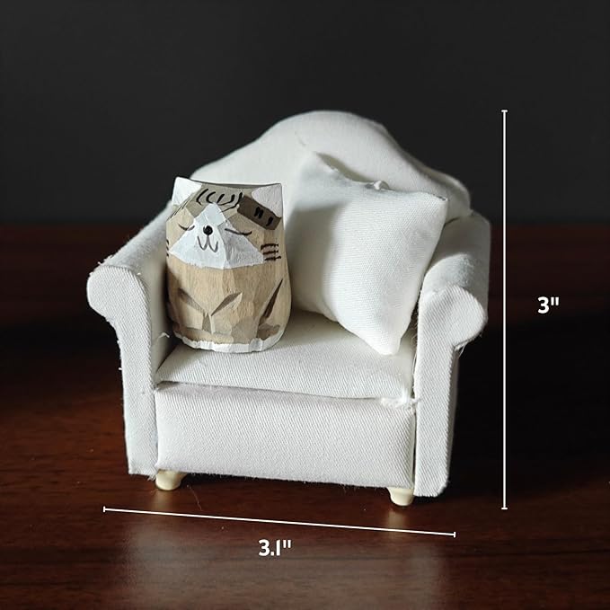 Miniature Wooden Cat Figurines with Sofa – Handcrafted Decorative Cats Set, 3 x 3.1 Inches, Home Décor for Desk, Bookshelf, and Living Spaces