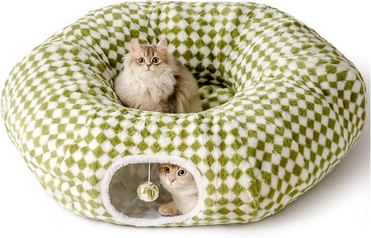 MEWOOFUN Cat Tunnels for Indoor Cats, Cute Tunnel Bed, Donut Tunnel with Washable Cushion, Round Peekaboo Cave for Play & Rest, Cat Toy for Kittens, Puppies & Rabbits, Green
