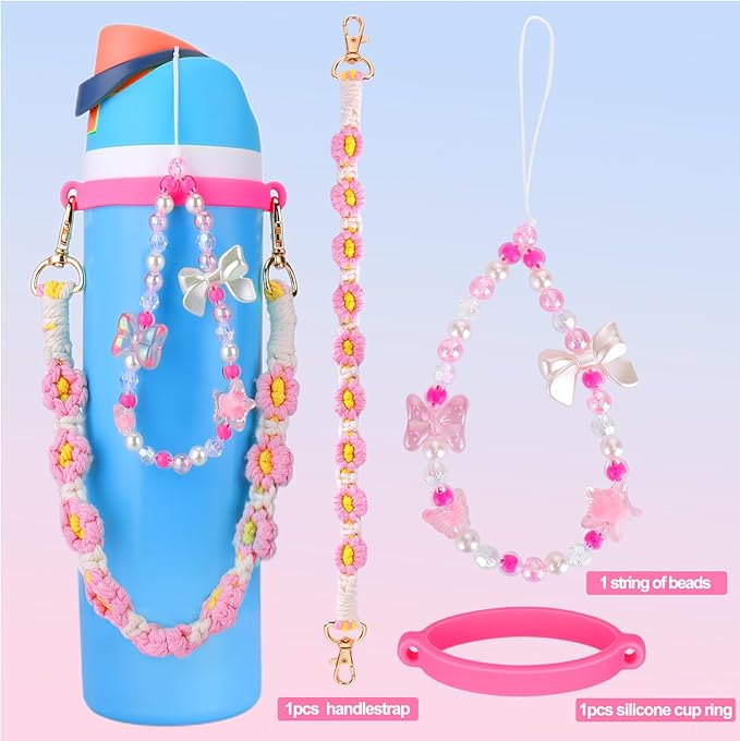 Mity rain Water Bottle Accessories Set for Owala, Including Water Bottle Handle Strap, Charms,Bohemian Style Personality and Easy to Carry (Pink, Universal (not Include Boot))