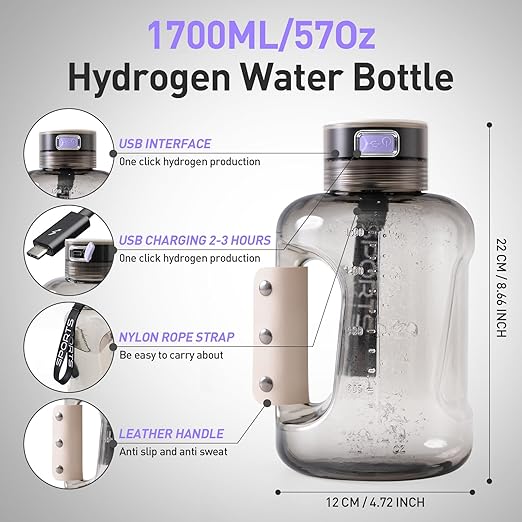 Hydrogen Water Bottle 57OZ/1.7L Large Hydrogen Water Generator Capacity Portable Hydrogen Water Bottle with SPE/PEM Technology, 6Min Electrolysis, Suitable for Outdoor Sports, Travel, Office