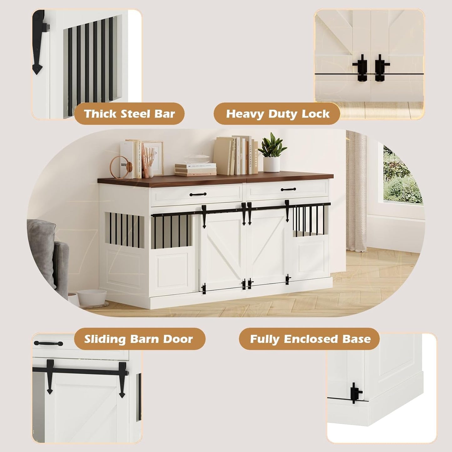 Large Dog Crate Furniture - Wooden Indoor Dog Kennel Furniture for 2 Dogs with Sliding Barn Door and Removable Divider, Heavy Duty Dog Crate Table, 63" L x 23.6" W x 31.5" H, White