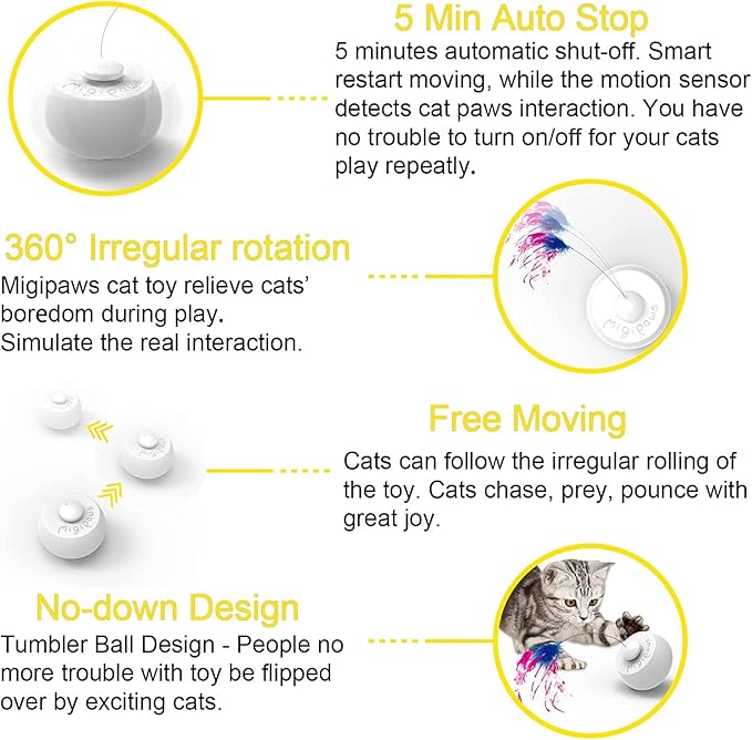 Migipaws Interactive Cat Toys, Butterfly & Feather Kitten Toy,Automatic Spinning Ball for Indoor Bored Cats,Self Play Intelligent Touch Senser, 3 Replacements