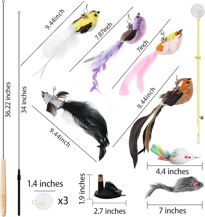 Soarer 3-in-1 Flying Bird Cat Toys - 7Pcs Wooden Cats Wand Toy Fishing Pole Cat Bird Toys Replacements,Interactive Enhanced Suction Cup and Door Hanging Cat String Toys for Indoor Kitten