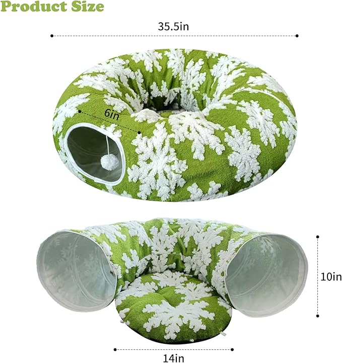 Cat Tunnel Bed for Indoor Cats, Cute Cat Donut Tunnel with Washable Circle Cushion, Under Christmas Tree Soft Plush Peekaboo Cat Cave Toy for Kitten, Puppy, Rabbit (Green)