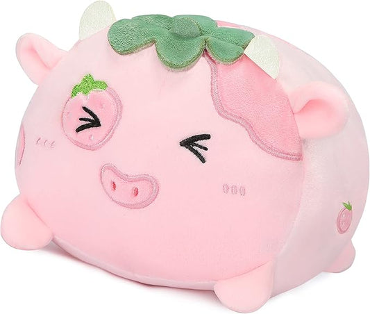 AIXINI Cute Strawberry Cow Plush Pillow 8” Cow Stuffed Animal, Soft Kawaii Plushies Hugging Plush Pillow Toy Gifts