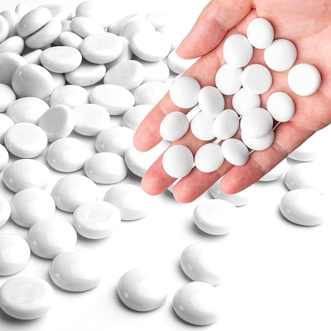 White Glass Marbles, 0.97 LB Flat Glass Beads for Vases, Mosaic Gem Pebbles for Aquarium Decor, Floral Arrangements Vase Filler Smooth Mancala Stones and Crafts Approx. 80-100PCS