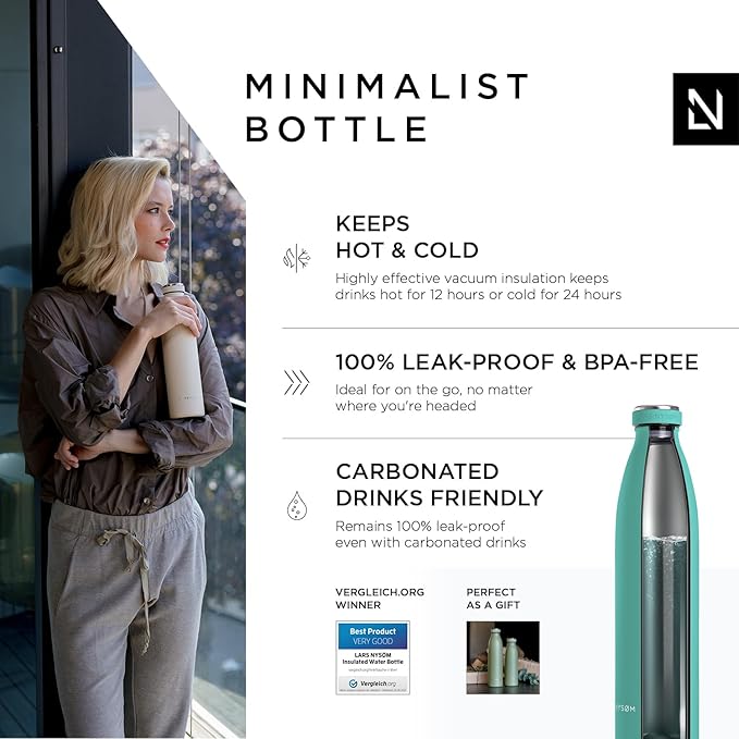 LARS NYSØM Stainless Steel Insulated Water Bottle 12oz 17oz 25oz 34oz 51oz | BPA-free Insulated Thermo Flask for Hot and Cold Beverages | Leakproof Drinking Bottle (Aqua Turquoise, 34oz)