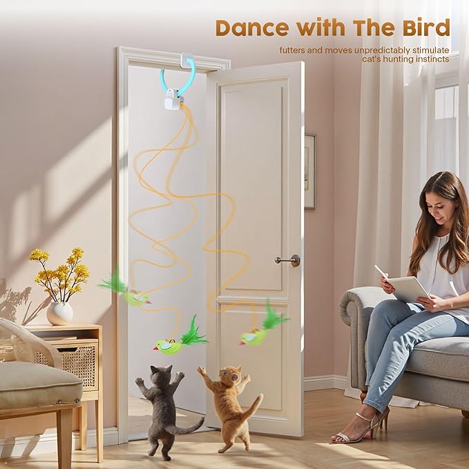 Interactive Cat Toys for Indoor Cats: Automatic Flying Bird Feather Wand Chase Exercise Enrichment Stimulation, USB Rechargeable Durable Safe Hanging Toy for Bored Kittens Adult Multi Cat Households