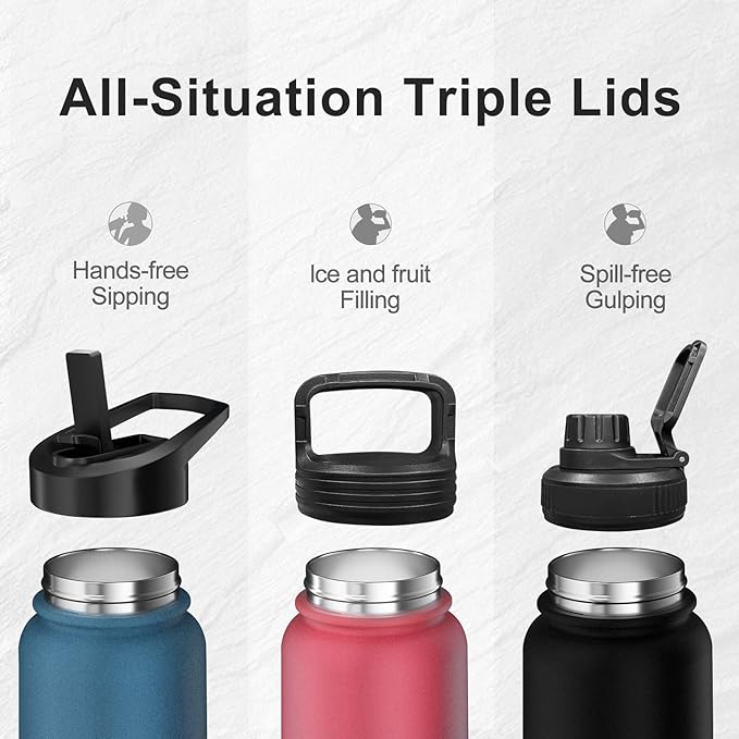 32oz Insulated Water Bottle with 3 Lids(Straw, Hand and Spout Lid), Double Vacuum Stainless Steel Metal Water Flask(BPA-free, CPC) for Sports, Camping, Hiking, Cycling, Fitness and more(Black Grey)