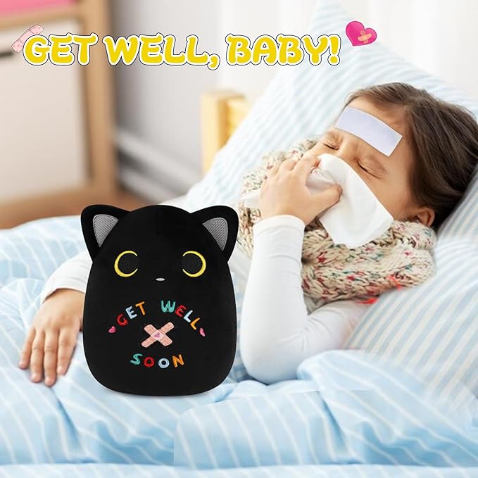 Get Well Cat Plush Toy, Black Cat Get Well Soon Stuffed Animal Gift for Kids Women,Soft Cute Black Huggable Pillow Kawaii Plushies Gift for Girls Boys