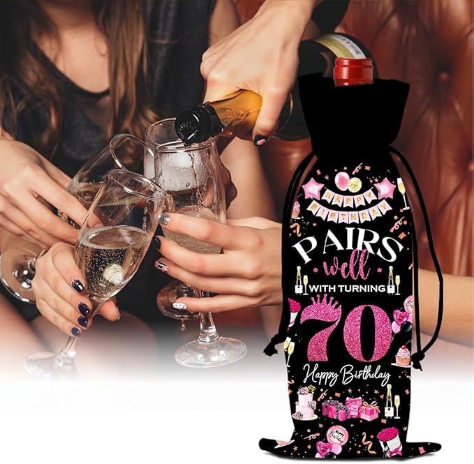 70th Birthday Gifts for Women Men Wine Bag, 70 Year Old Birthday Gifts for Woman Man, 70th Birthday Party Decorations Men for Women, Pairs Well with Turning 70 Wine Bags (Black Pink)