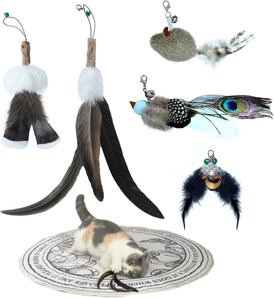 Cat Wand Refill Feather 5PCS - Undyed Natural Feather Attachment Replacement with Bell,Clasp