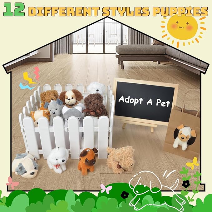 36Pcs Adopt A Puppy Party Favors, Mini Stuffed Animals Adopt A Dog Set Includes 12 Stuffed Dogs 12 Kraft Paper Bags 10 White Plastic Fence Mini Chalkboard & Chalk Marker for Adopt A Pet Party
