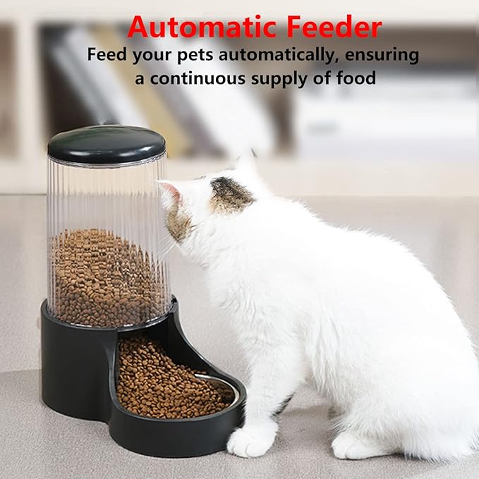 Automatic Cat Feeder, 3.8L Large Gravity Cat Food Dispenser with Detachable Top Lid, Visible Bottle and Stainless Steel Bowl for Pets (Black)