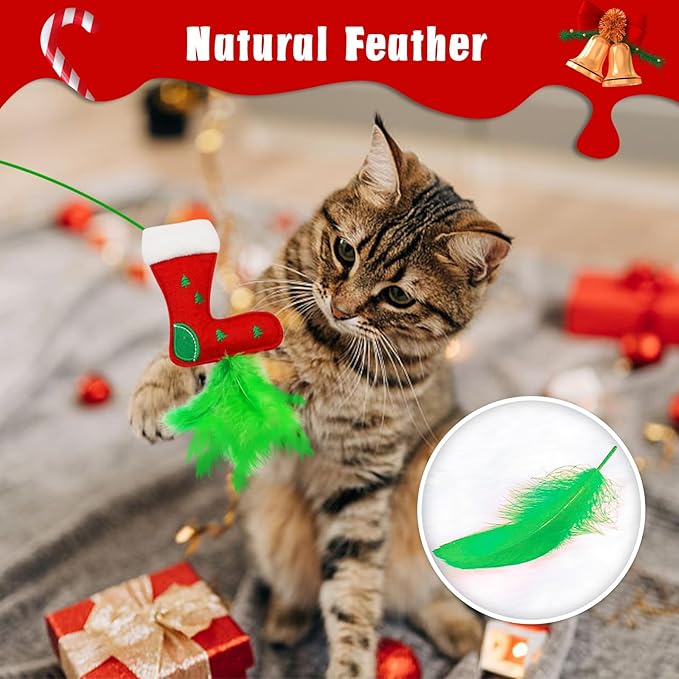 Cat Wand Toys - 4 Pack Wand Toys for Indoor Cats, Catnip and Feather Cat Gifts for Christmas Kitten