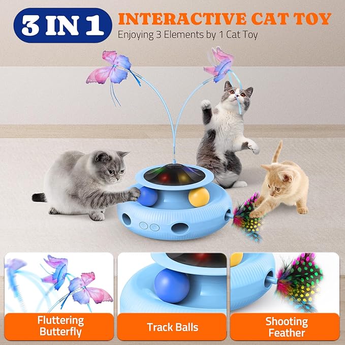 Interactive Cat Toy: 3 in 1 Automatic Cat Toy for Indoor Cats, Electric Kitten Toy with Rechargeable Battery, Self Play Kitty Toys with Rotating Fluttering Butterfly,Track Ball and Ambush Feather,Blue