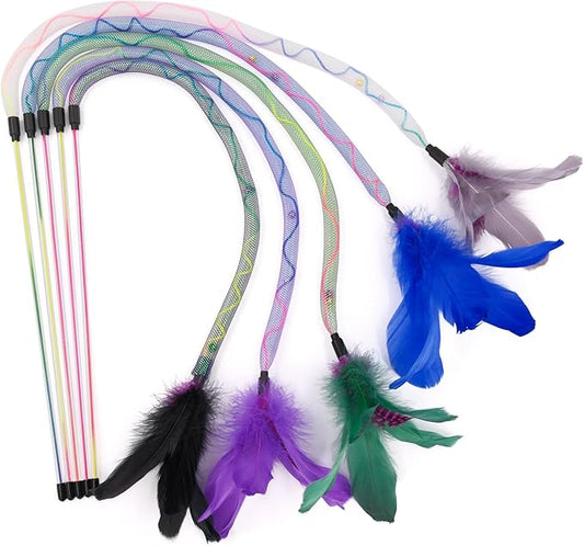 SONGWAY Cat Rainbow Wand Toy - Rainbow Cat Feather Toys with Bells, Colorful Mesh Teaser Wand with Feather Tail, Interactive Toys for Indoor Cats Kittens, Dark Color