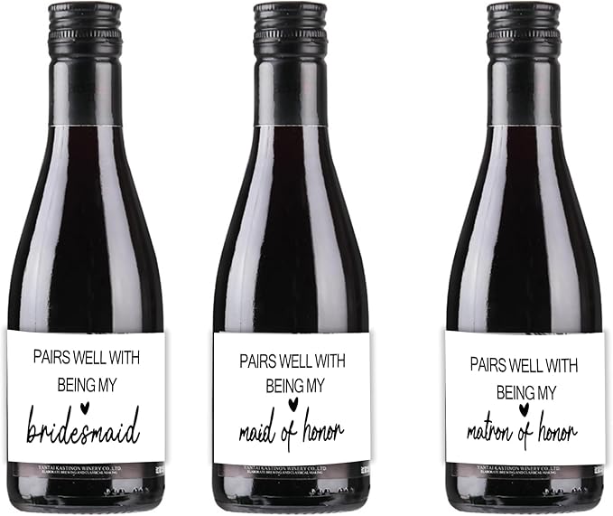 MKISHINE 16 Pcs Bridesmaid Proposal Gift Wine Bottle Labels Set, Bridesmaid Mini Champagne Labels, Bridal Party Groomsman Wine Stickers Bride Tribe Label, Maid of Honor Gifts for Friends, 2” x 3.5”