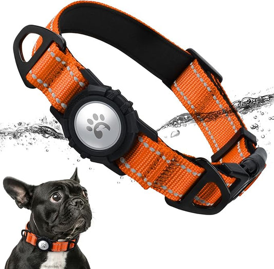 TagME Airtag Dog Collar,Waterproof Reflective Pet Collar with Airtag Holder,Soft Padded and Double D-Rings for Puppy,Orange