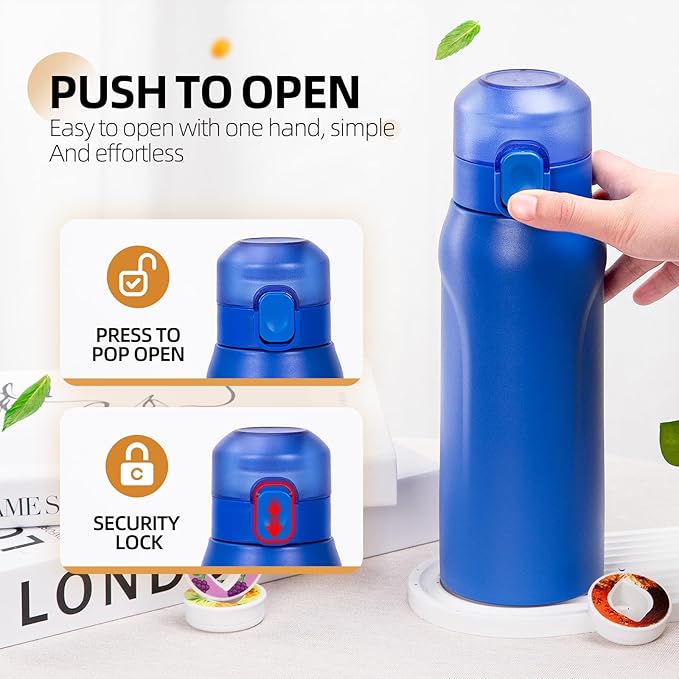 Air water bottle,750ML Air Water Bottle with 7 Flavor Pods, Stainless Steel Water Bottle with Straw, Sports Water Bottle Suitable for Outdoor Sport (Blue)