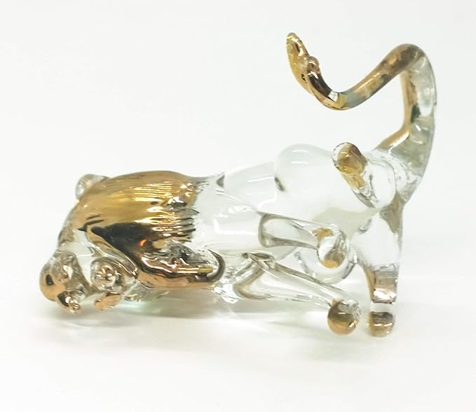 WitnyStore Tiny 1½" Long Clear Gold Sitting Lion Roaring Figurine - Miniature Hand Blown Painted Glass Panthera Wild Cat Small Crystal Wildlife Animals Decorative Collectible Figurines Décor Gifts
