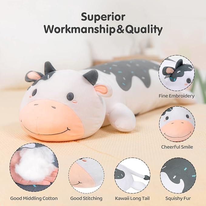 Cow Plush Body Pillow, 35" Kawaii Milk Cow Stuffed Animals Squishy, Cute Plushies Cuddle Pillow for Kids, Long Plush Toys, Birthday Gifts for Women, Girls and Males