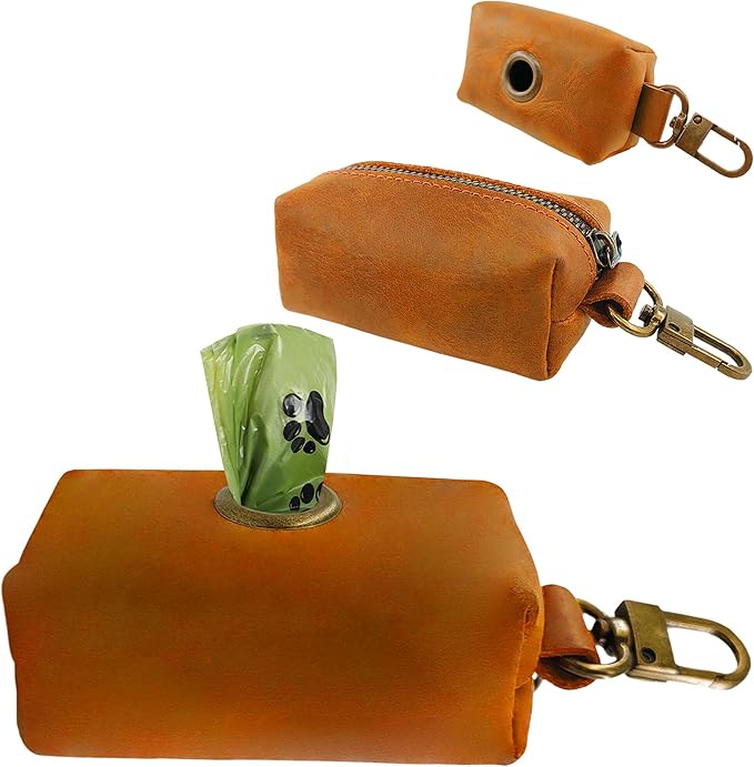 HIFA Genuine Leather Dog Leash Poop Bag Holder - Soft Touch Rustic Leather, Metal Clips, Easy Access to Pet Waste Bags - Outdoor Walking Dispenser