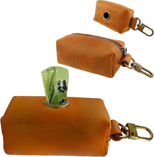 HIFA Genuine Leather Dog Leash Poop Bag Holder - Soft Touch Rustic Leather, Metal Clips, Easy Access to Pet Waste Bags - Outdoor Walking Dispenser