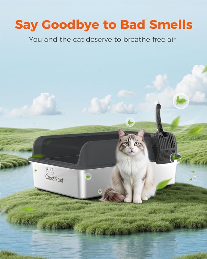 XXXL Stainless Steel Cat Litter Box with Lid 28.1''×20.5''× 10.1” Extra Large Metal Cat Litter Box for Big, Multi Cats, Anti-Leakage & Non-Stick Metal Pan, Easy to Clean, Durable (Black