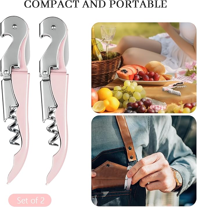 HYZ Stainless Steel Waiter Corkscrew (2-Pack), Pink, Professional Wine Key with Foil Cutter, Manual Wine Bottle Opener, Double Hinged