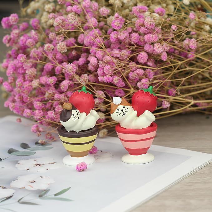 Cute Miniature Cat Figurine Holding a Strawberry on a Cup Resin Mini Cat Figures, Kitten Miniature Desk Accessories - Perfect Cute Cat Gift for Cat Lovers