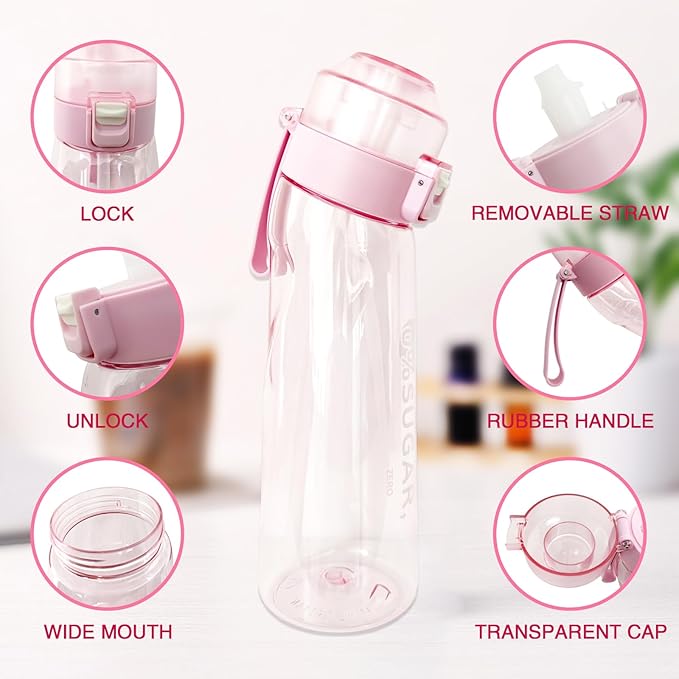 Air Water Bottle,650ML Scent Water Cup with 7 Flavour Pods,Leak Proof Sports Water Cup with Straw Suitable for Outdoor Sports,Gifts From Friends, Birthday Gifts (Pink)