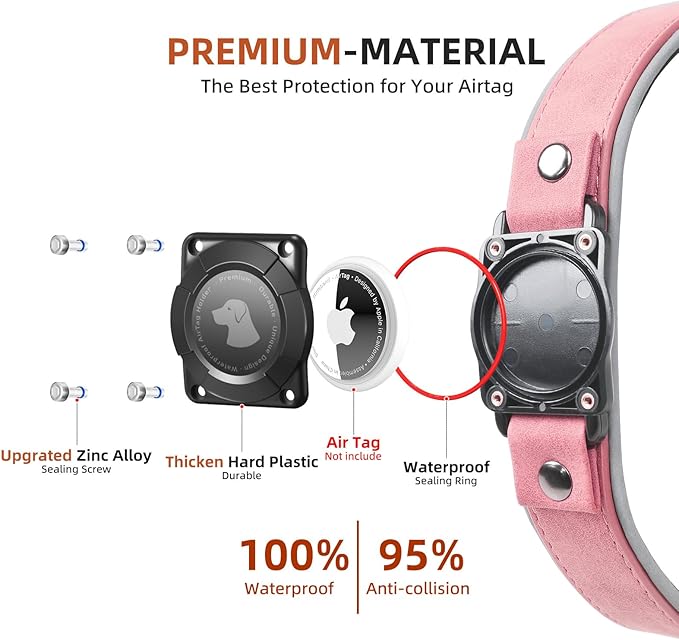 AirTag Dog Collar - Leather Dog Collar with Air Tag Holder | IPX8 Waterproof, Reflective, High - End, Adjustable Soft Padded | Dog GPS Tracker Collars Fit for Medium Large Dogs (Pink, XL)