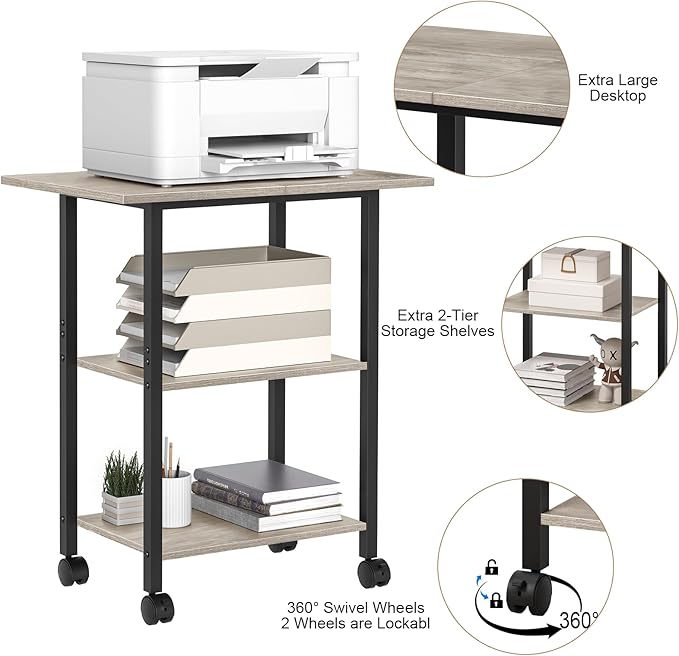 Lerliuo 3-Tier Printer Stand, Industrial Mobile Printer Table with Storage Shelf and Steel Frame, Rolling Printer Cart Holder with Lockable Wheels for Home, Office (Oak)