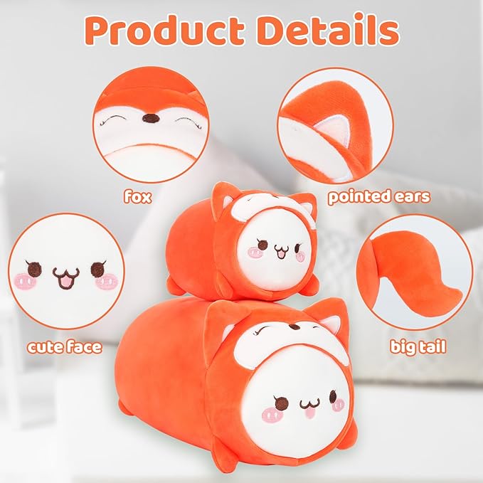 AIXINI Cute Cat Fox Plush Pillow 15.7” Kitten Foxes Stuffed Animal, Soft Kawaii Cat Plushie with Fox Outfit Costume, Hugging Plush Squishy Pillow Toy Gifts for Kids