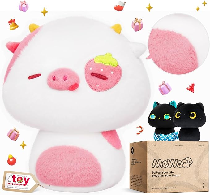 Squishy Cloud-Like Softness, Trending Kawaii Strawberry Cow Mushroom Plush Pillow, A Must-Have Collectible for Young Adults, Perfect for Kids, Toddlers Girls, Stuffed Animal (14")