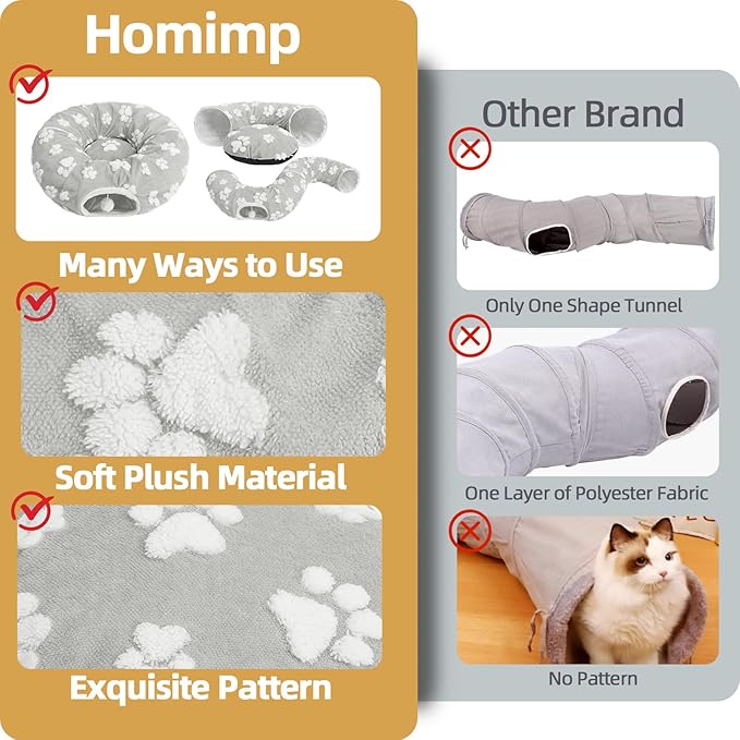 Homimp Cat Tunnel Bed with Central Mat,Large Tube Playground with Plush Ball Toy,Peekaboo Cat Cave with Washable Circle Cushion for Indoor Cats,Pop Up Bed HidePlace for Kitten Puppy Rabbit, Grey Paw