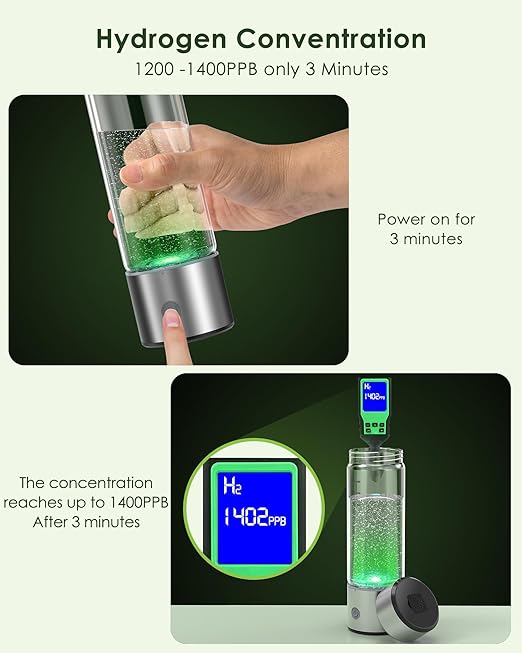 Hydrogen Water Bottle, 3 Min Rapid Hydrogen Water Bottle Generator with SPE PEM Technology, Portable Hydro Water Bottle Suitable for Gym Office Travel Home, Gift for Love Friend Family, Silver