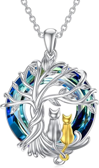 TOUPOP Cat Gifts for Cat Lovers Sterling Silver Cute Cat Tree of Life Pendant Necklace with Blue Circle Crystal Birthday Christmas Jewelry Gifts for Women