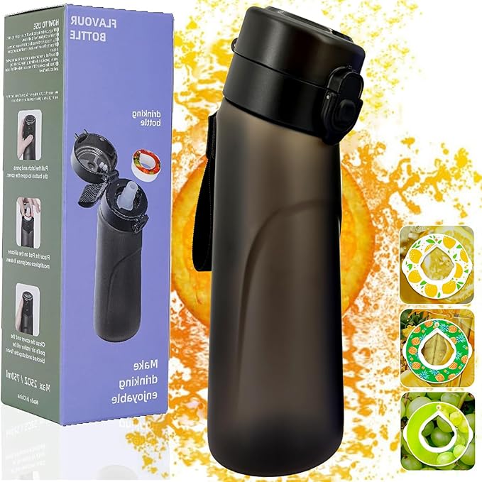 Air Water Bottle,750ML Scent Water Cup with 3 Flavour Pods,Leak Proof Sports Water Cup with Straw Suitable for Outdoor Sports,Gifts From Friends, Birthday Gifts (New Black + 3pods)