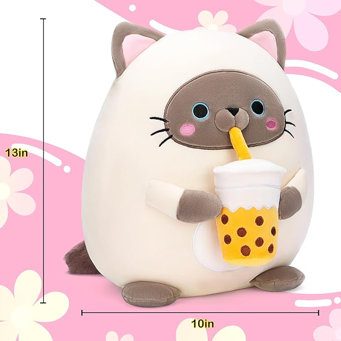 Original 13-inch Large Siamese Cat Plush Pillow Stuffed Animal Toy,Big Size Cute Soft Fat Hugging Cuddle Huggable Plushie,Gift for Kids