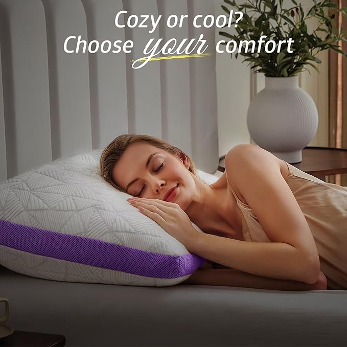 BETU Cooling King Pillow, Shredded Memory Foam Cool Pillow for Hot Sleepers, Adjustable Firm Soft Support Bed Pillows Perfect for Back Neck Pain and Side Sleeping with Pillow Case Cover, Purple