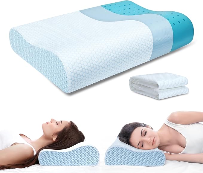 Memory Foam Pillows Neck Pillow Bed Pillow for Sleeping Ergonomic Cervical Pillow Orthopedic Contour Pillow for Stomach Sleeper-Blue White
