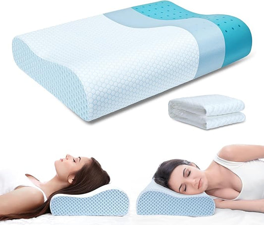 Memory Foam Pillows Neck Pillow Bed Pillow for Sleeping Ergonomic Cervical Pillow Orthopedic Contour Pillow for Stomach Sleeper-Blue White